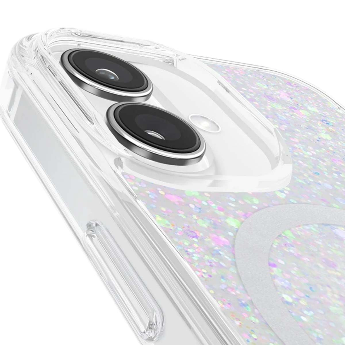 Primo piano di una custodia trasparente per telefono con lenti della fotocamera. Sfondo glitterato visibile attraverso la custodia. Dettagli, lenti e bordi.