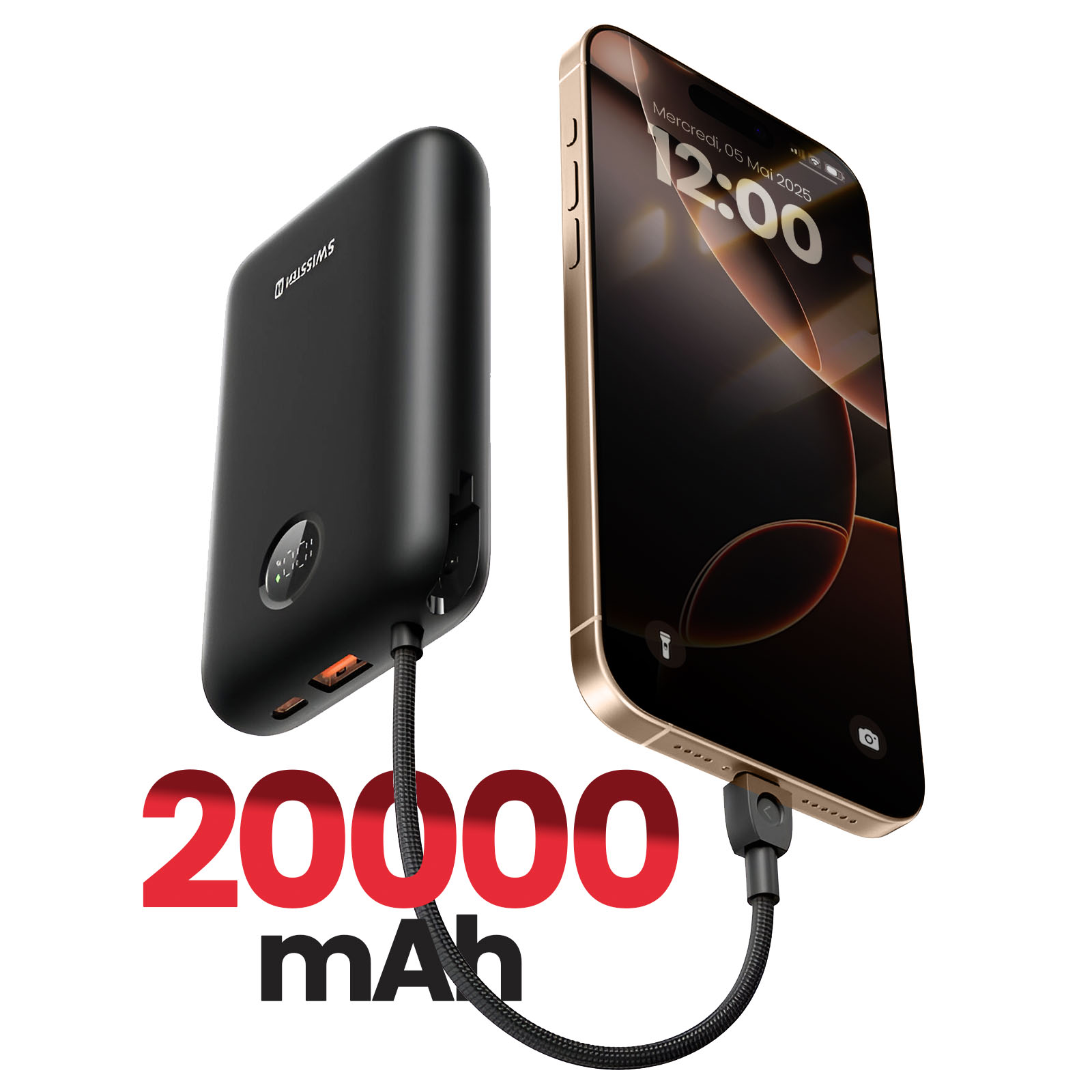 Eine schwarze Powerbank lädt ein goldenes iPhone auf. Auf dem Bildschirm des Telefons wird die Uhrzeit angezeigt.