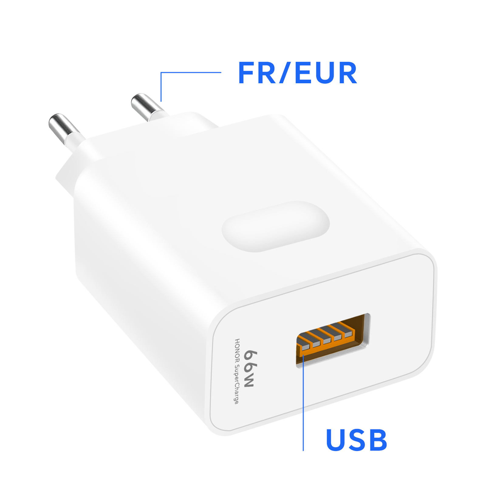 Un cargador de teléfono blanco con dos clavijas y un puerto USB. El cargador está etiquetado FR/EUR y 66W.