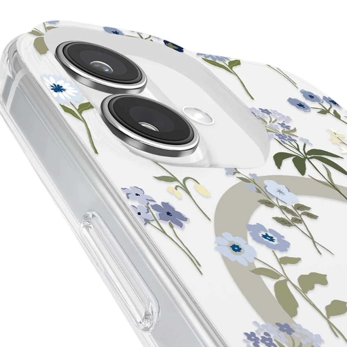 Primo piano di una custodia per telefono con design floreale. Sono visibili due obiettivi neri della fotocamera. La custodia è trasparente con fiori blu.