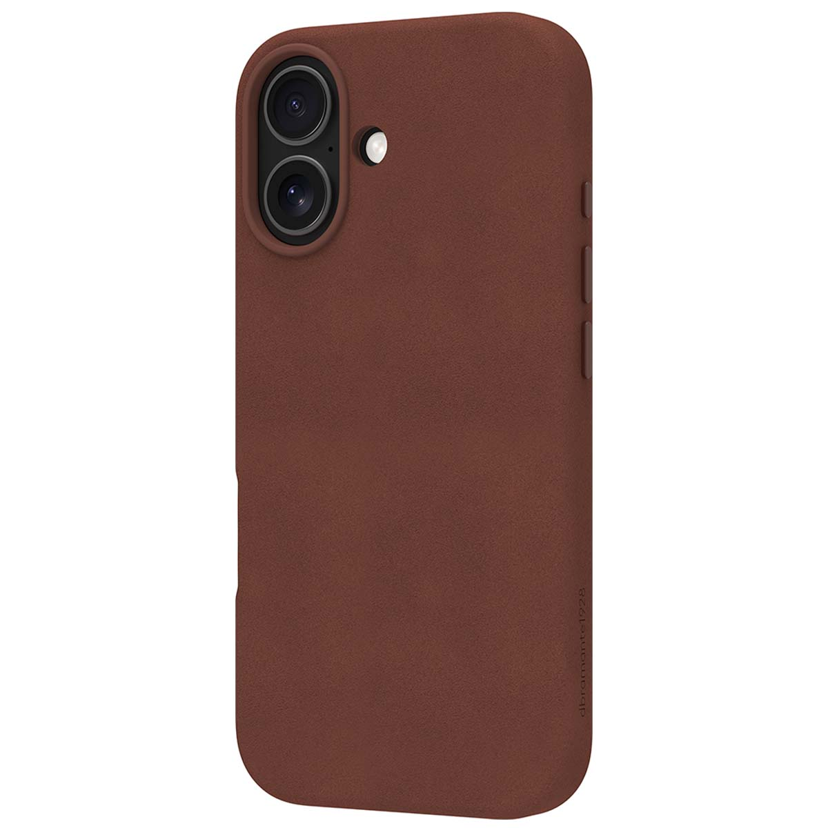 Una custodia per telefono marrone con ritagli per la fotocamera e pulsanti laterali. La custodia ha una texture liscia e un colore marrone scuro.