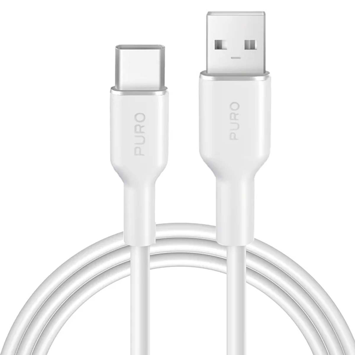 Biały kabel ładujący USB-C do USB-A, zakrzywiony u dołu. Nazwa marki 'PURO' jest wydrukowana na obu złączach.