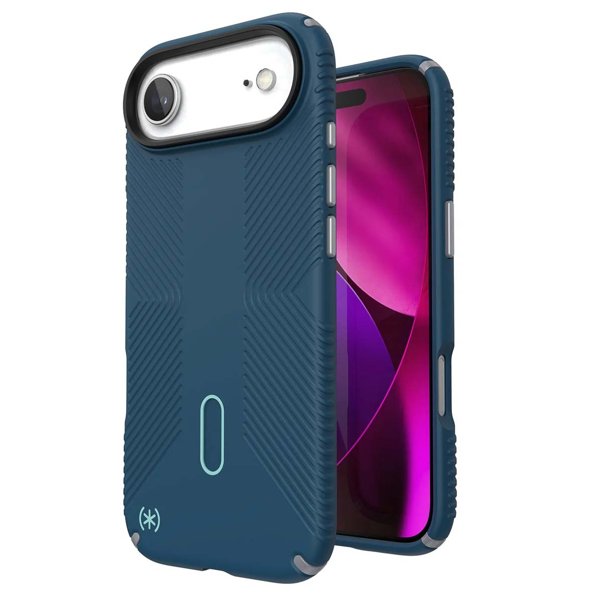 Una custodia blu scuro protegge un telefono con schermo rosa. La custodia ha un ritaglio per la fotocamera, un logo e pulsanti laterali.