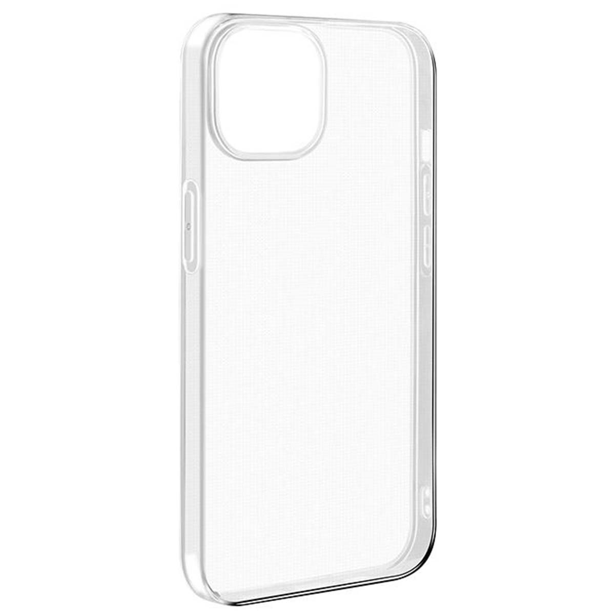 Una custodia trasparente per telefono. Ha un ritaglio per la fotocamera e rientranze per i pulsanti. La custodia è su sfondo bianco.