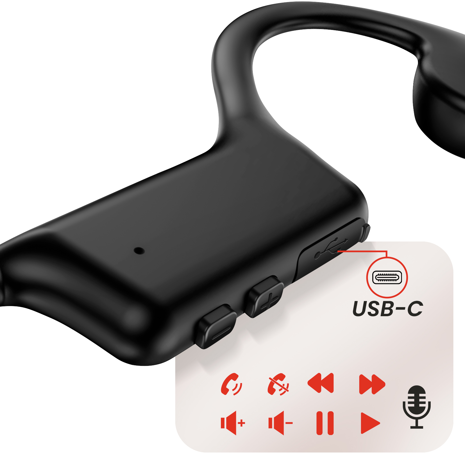 Cuffie a conduzione ossea nere con porta USB-C e pulsanti di controllo. Icone per chiamate, volume e riproduzione sono mostrate.