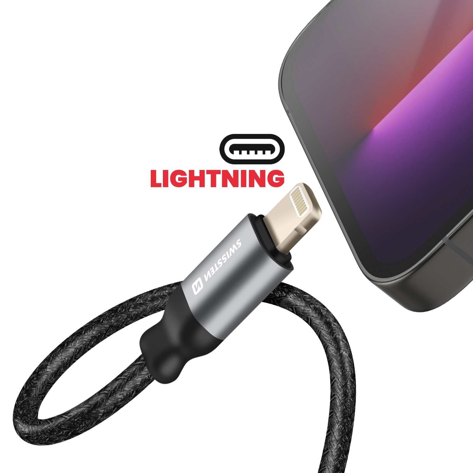 Ein Lightning-Kabel, das mit einem Telefon verbunden ist. Das Kabel hat ein geflochtenes Design und ist silber und schwarz.