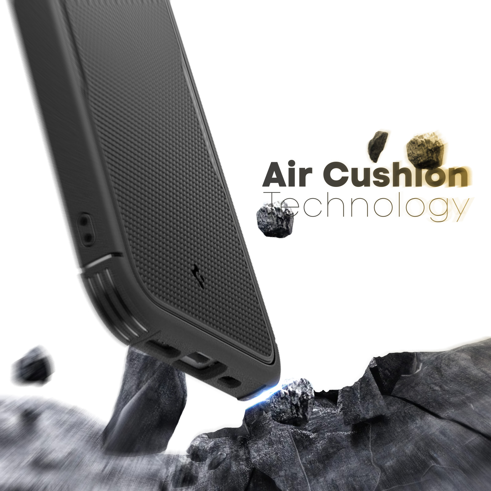 Coque de téléphone noire tombant, impactant des roches. Texte : "Air Cushion Technology".