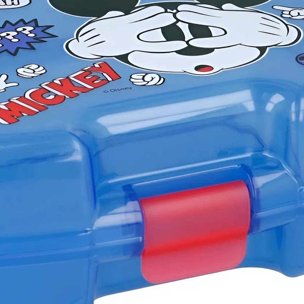 Portapranzo blu di Topolino con chiusura rossa. La faccia e il nome di Topolino sono sopra. Plastica blu brillante.
