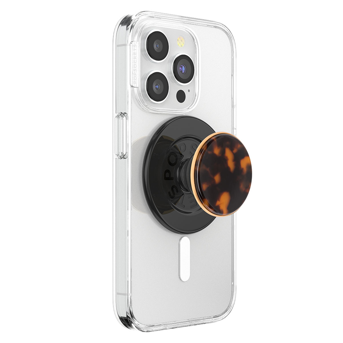 Custodia trasparente per telefono con PopSocket nero e tartarugato. Il telefono ha tre obiettivi.