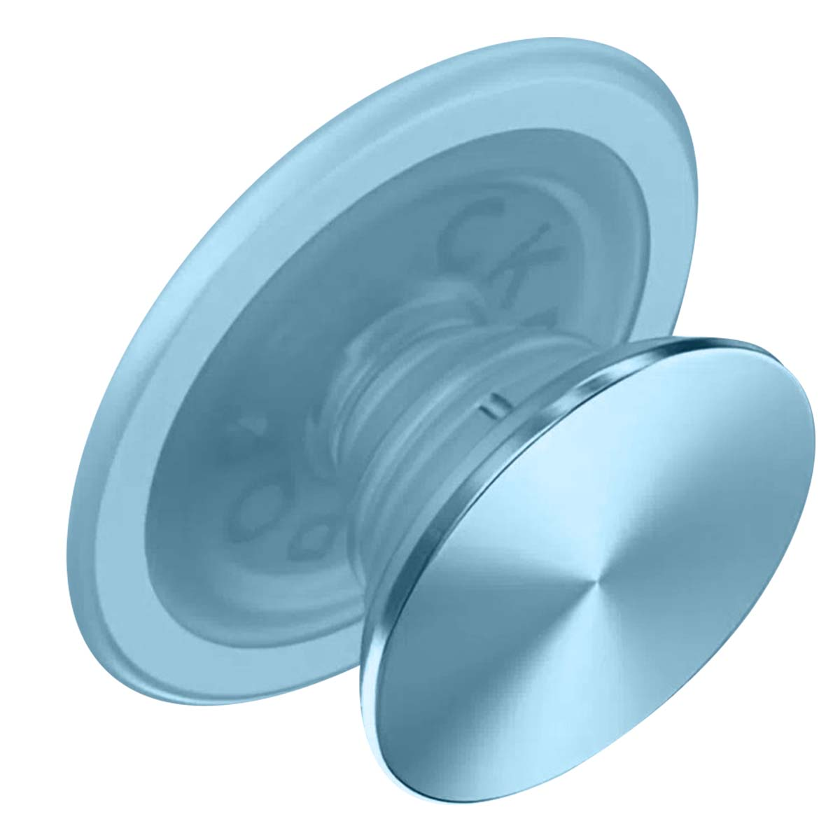 Un PopSocket azul claro. Tiene una base redonda, un tallo acanalado y una parte superior metálica y circular.