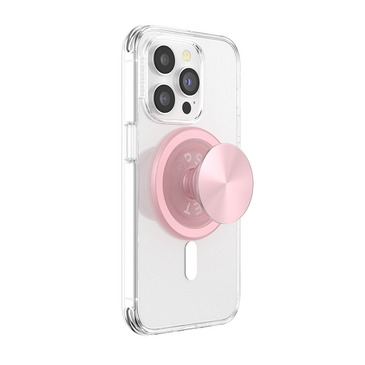 Una custodia trasparente con un PopSocket rosa attaccato. Il telefono ha una fotocamera e un rettangolo bianco in basso.