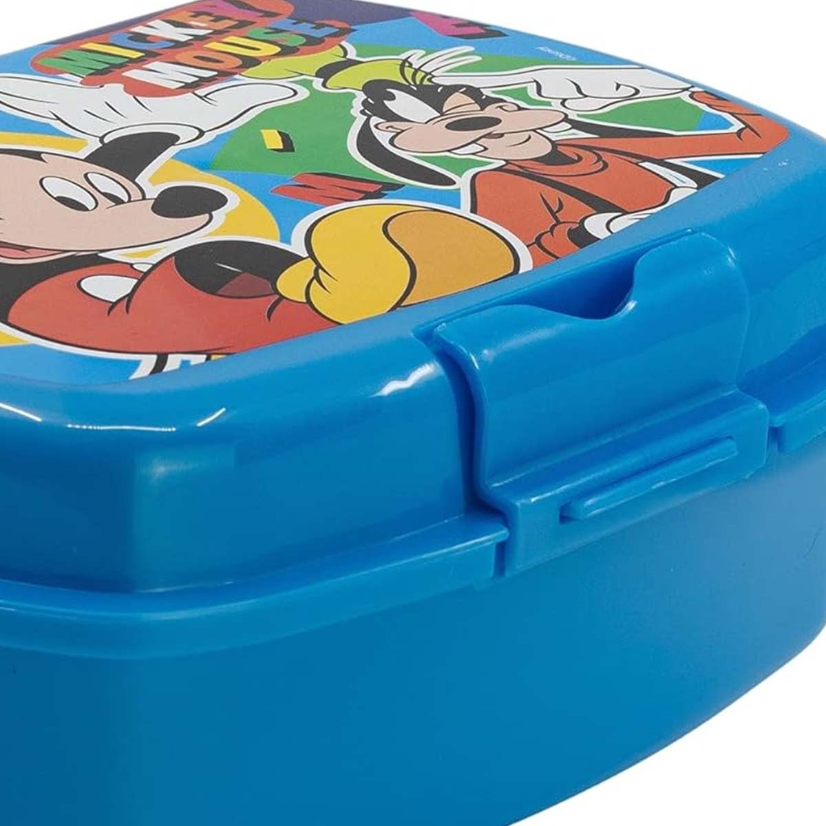 Portapranzo blu con Topolino e Pippo sul coperchio. Il coperchio ha un design colorato con personaggi dei cartoni animati.