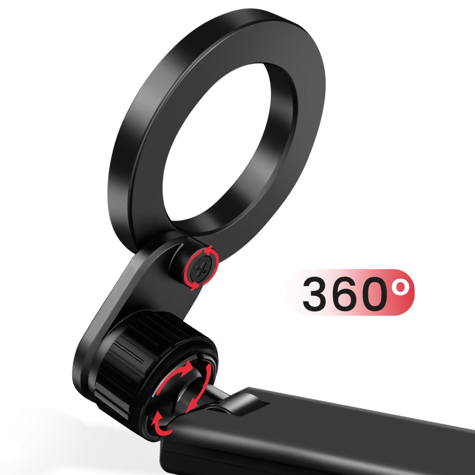 Supporto per telefono nero con rotazione a 360 gradi. Ha un anello e una manopola rotante, con frecce rosse.