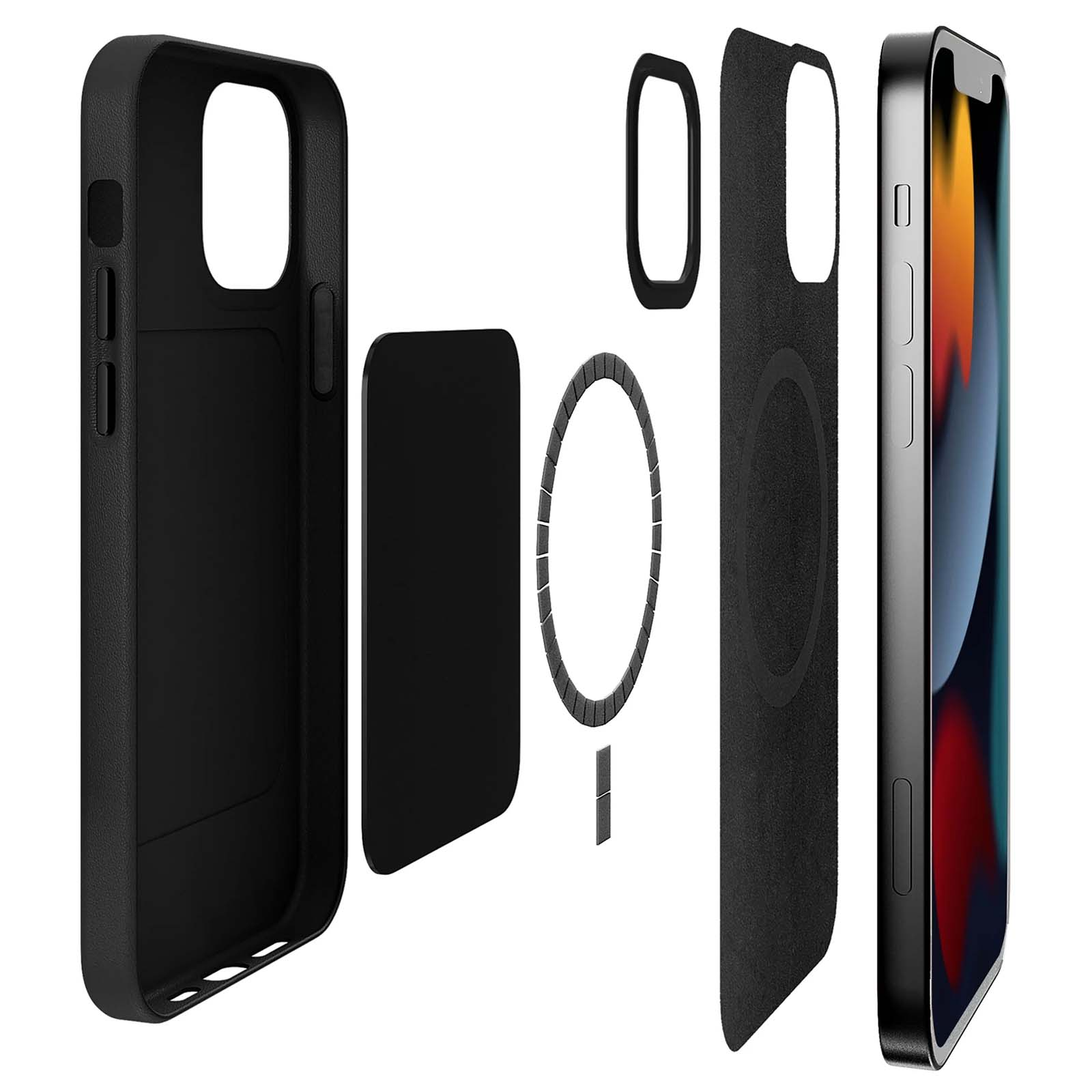 Custodia nera per telefono con parti separate, tra cui la custodia, un telefono e un anello magnetico. Lo schermo è visibile.