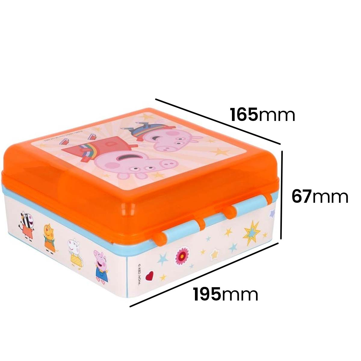 Un portapranzo di Peppa Pig arancione e bianco. Dimensioni: 165mm x 195mm x 67mm. Peppa e George Pig sul coperchio.