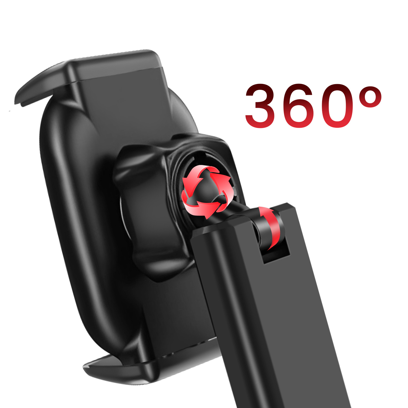 Un dispositivo nero con un giunto rotante, indicato da frecce rosse, e il testo '360°' in rosso.