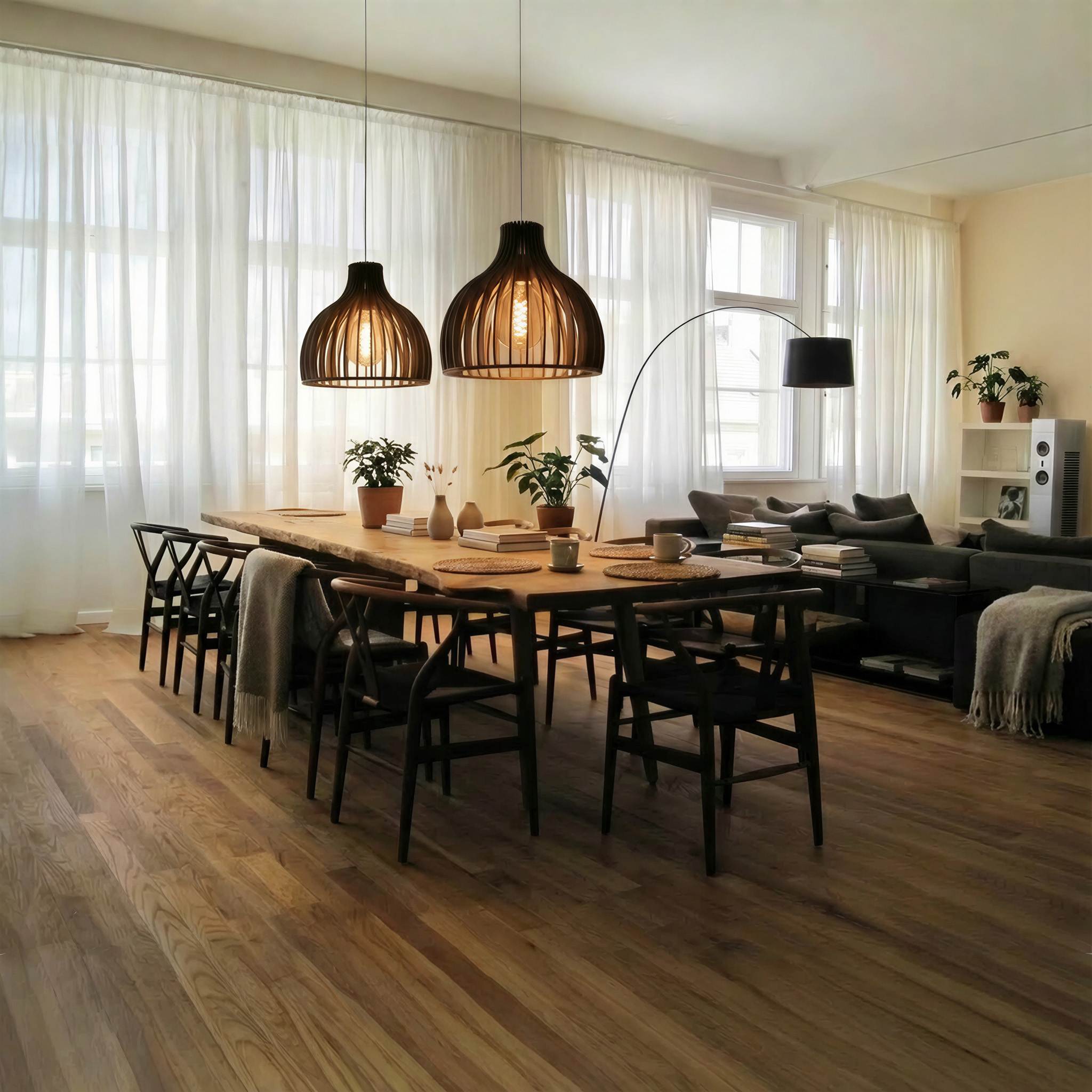 Ein Esszimmer mit einem Holztisch, Stühlen und zwei Pendelleuchten. Pflanzen und ein Sofa sind ebenfalls sichtbar.