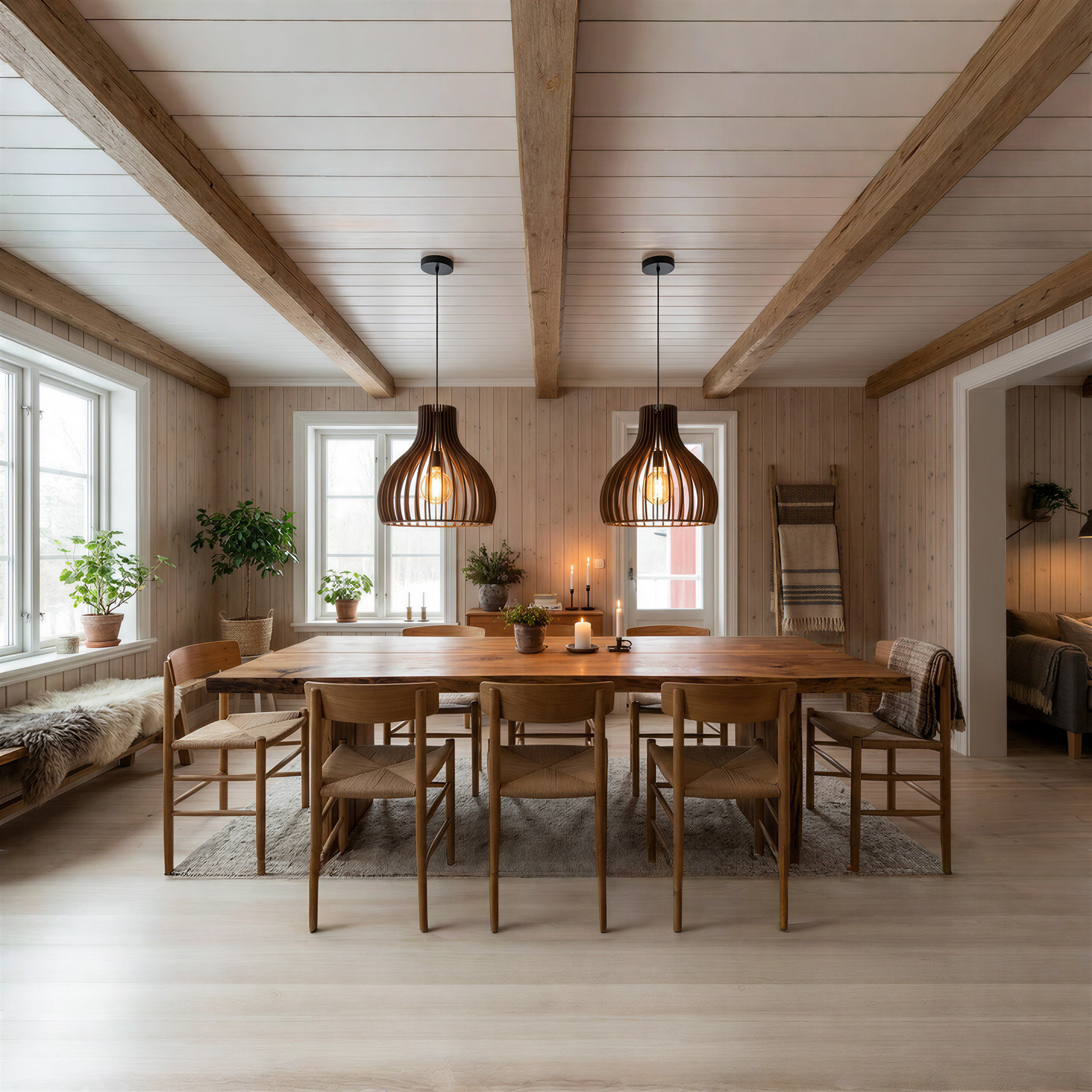 Esszimmer mit Holztisch, Stühlen, Pendelleuchten und großen Fenstern. Die Wände und Decke sind ebenfalls aus Holz.