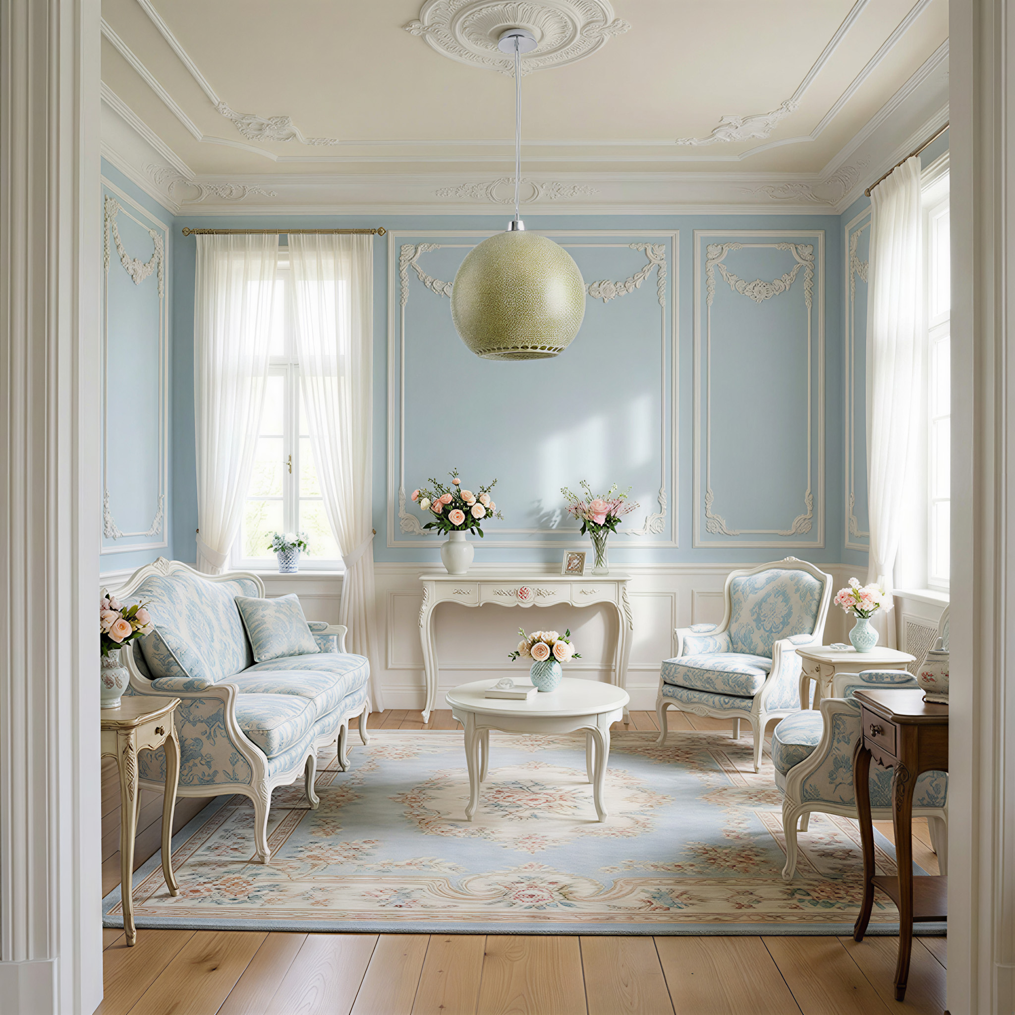 Ein Raum mit hellblauen Wänden, weißen Verzierungen und Blumenmöbeln. Ein großer Teppich bedeckt den Boden. Eine Leuchte hängt von der Decke.
