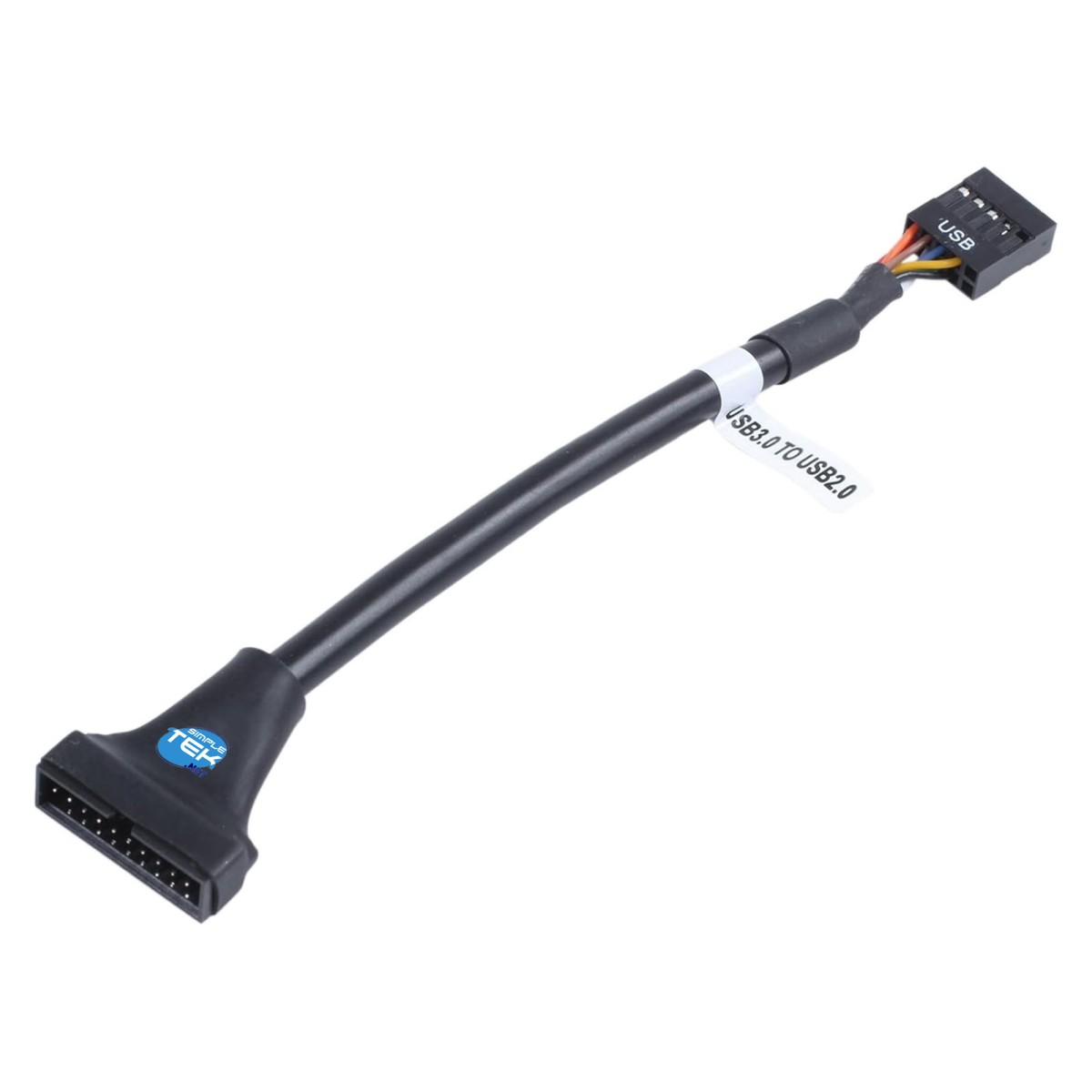Un cavo nero USB 3.0 a USB 2.0. Un'estremità ha un connettore USB, l'altra un connettore a 20 pin.