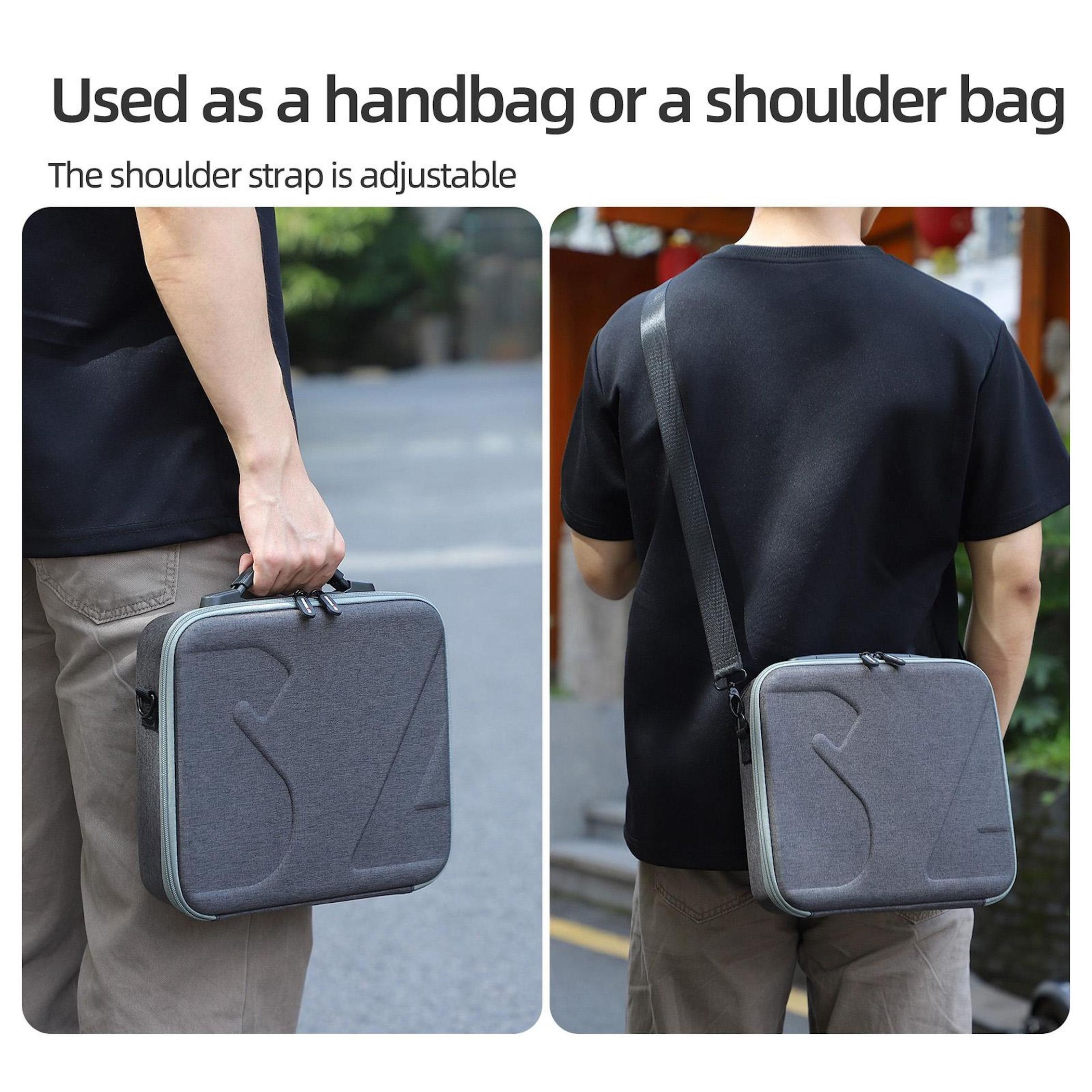 Eine Person hält eine graue Tasche am Griff und an der Schulter. Es ist eine Hand- oder Umhängetasche.