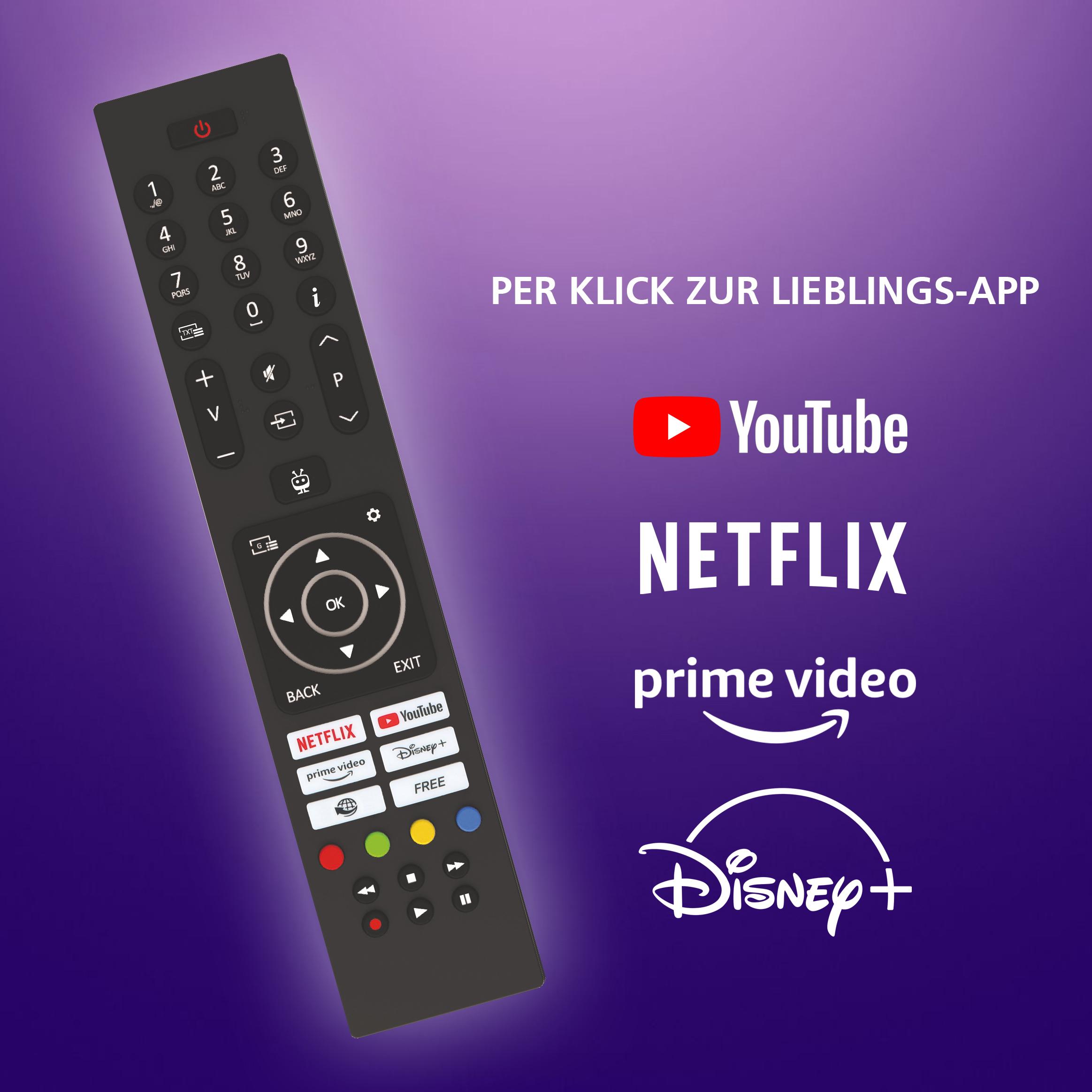 Czarny pilot z numerami i przyciskami, loga YouTube, Netflix, Prime Video i Disney+ na fioletowym tle.