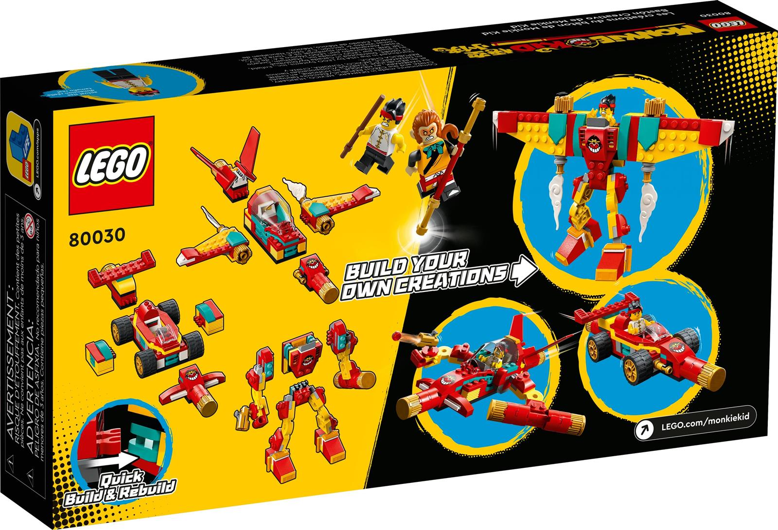 LEGO Monkie Kid-Box mit verschiedenen Modellen und Minifiguren, rot-gelb, mit LEGO-Logo.