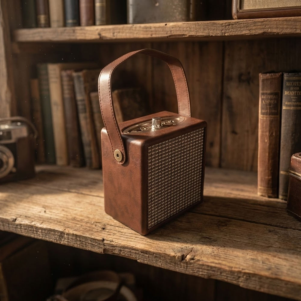 Kahverengi deri retro radyo, ahşap bir rafta duruyor, kitaplarla çevrili. Yakınlarda eski bir kamera var.