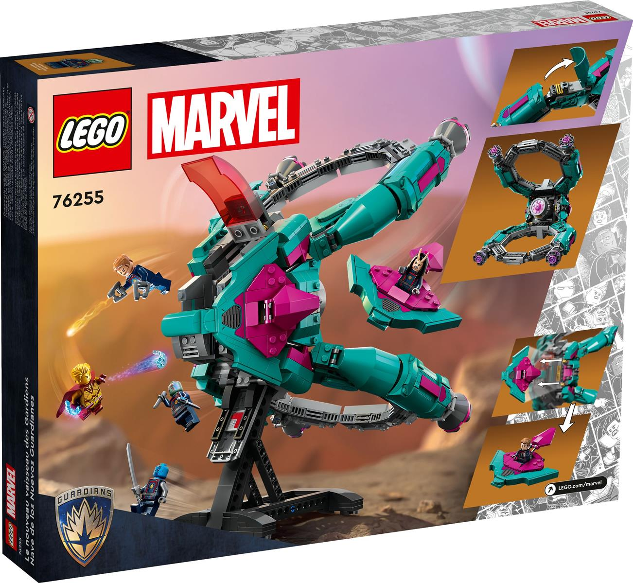 LEGO Marvel-Set-Box. Türkis- und pinkfarbenes Raumschiff mit Figuren von Charakteren. Figuren fliegen um das Schiff.