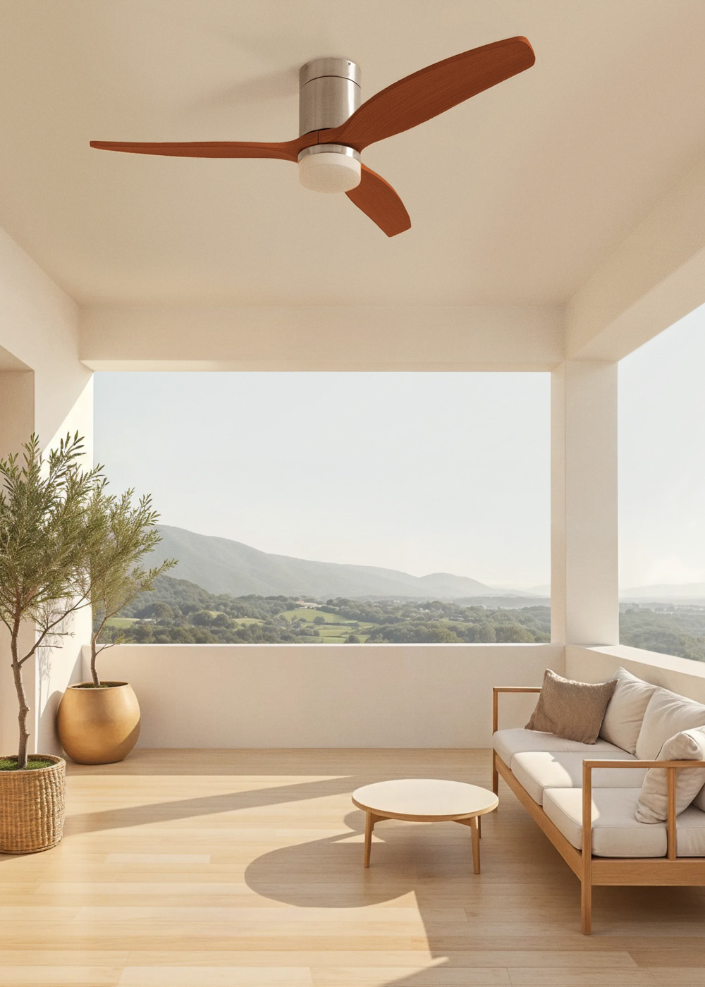 Un balcón moderno con muebles de madera, plantas y un ventilador de techo. El fondo muestra una vista panorámica de montañas.