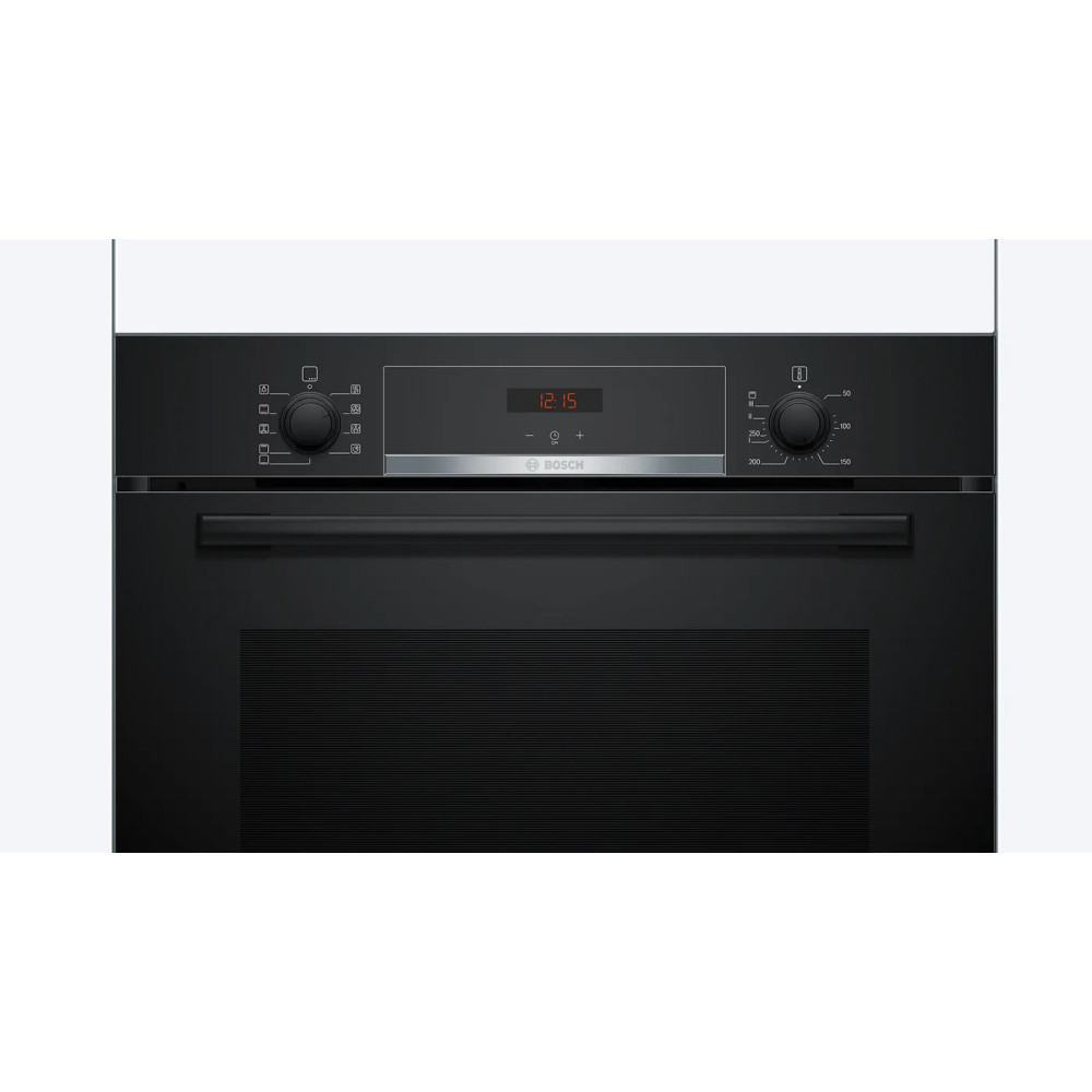 Ein schwarzer Backofen mit digitaler Anzeige, die 12:15 zeigt. Er hat Knöpfe und das Bosch-Logo. Die Ofentür ist geschlossen.