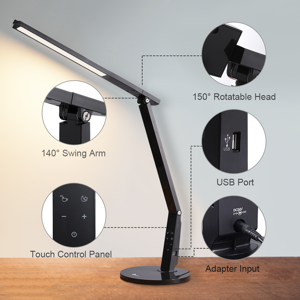 Schwarze Schreibtischlampe mit drehbarem Kopf und Schwenkarm. Merkmale sind USB-Anschluss, Touch-Bedienung und Adaptereingang.