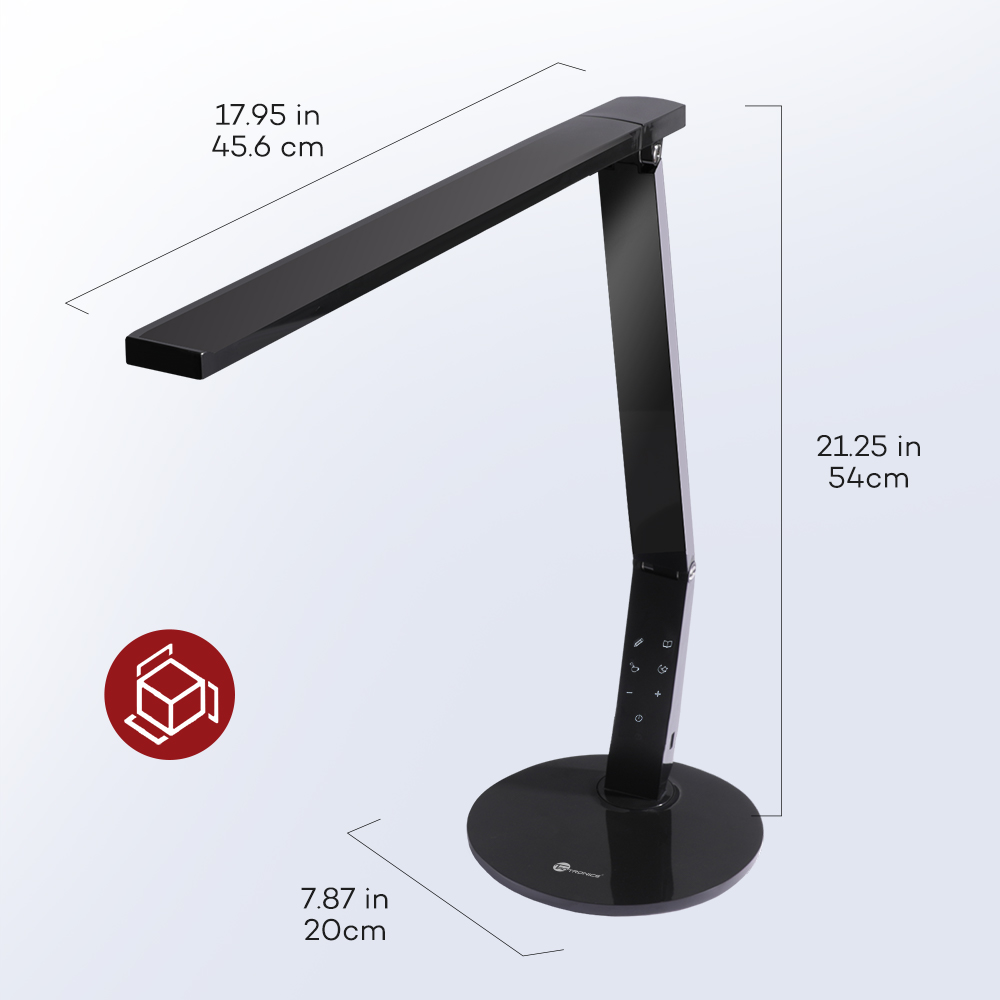 Eine schwarze Schreibtischlampe mit rundem Sockel wird gezeigt. Sie hat einen rechteckigen Lampenkopf und ein Bedienfeld.