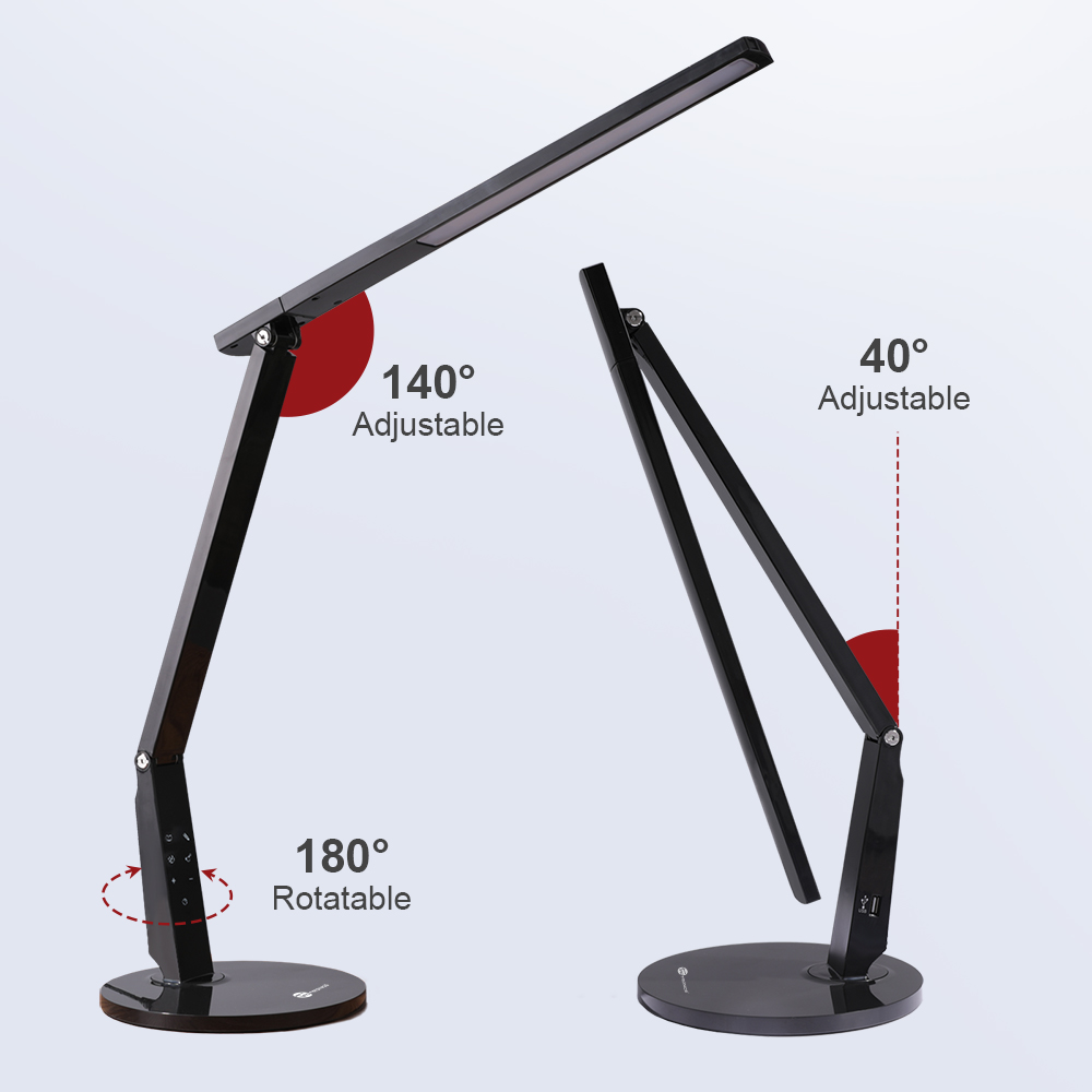 Zwei schwarze Schreibtischlampen, eine 140° und 180° drehbar, die andere 40° verstellbar, beide auf weißem Hintergrund.