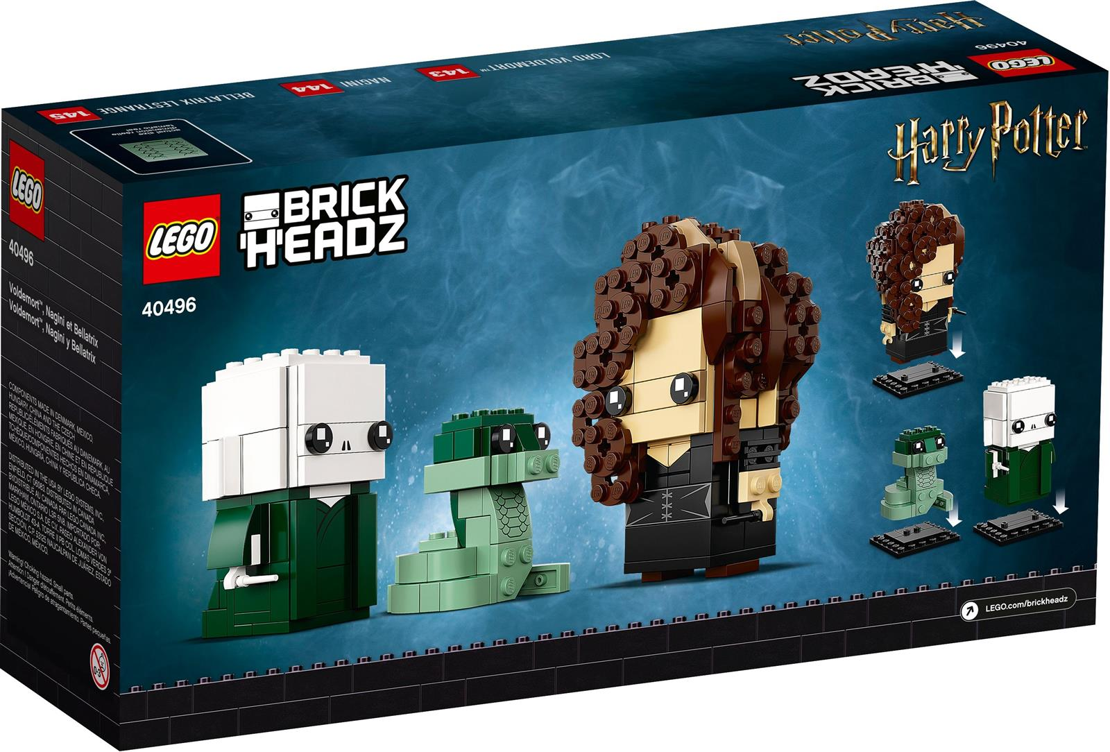 LEGO BrickHeadz Set mit Voldemort, Nagini und Bellatrix. Die Box zeigt die Modelle auf blauem Hintergrund mit dem Harry Potter Logo.