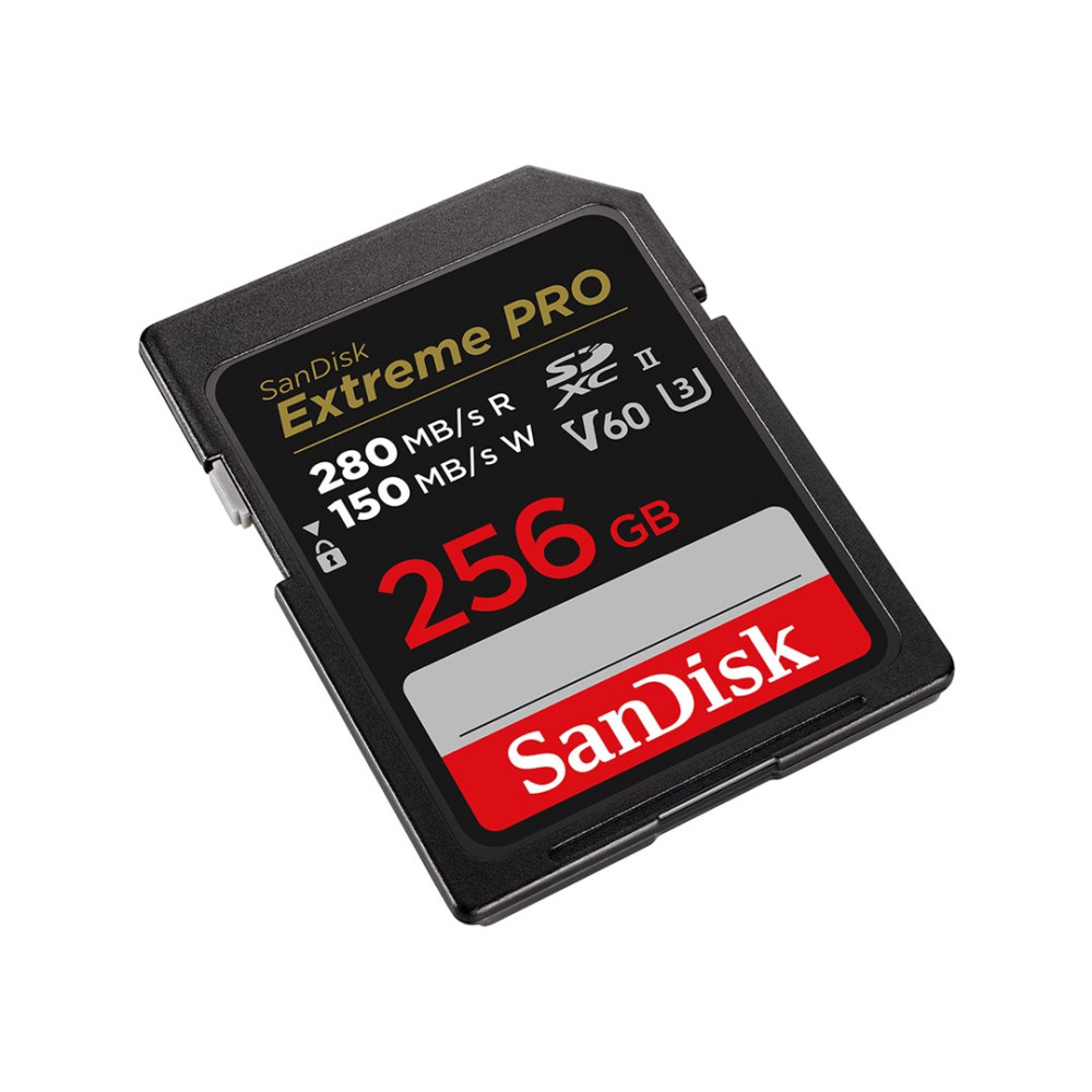 Karta SD SanDisk Extreme PRO 256GB. Czarno-czerwony design, z białym tekstem wskazującym prędkości odczytu/zapisu i pojemność.