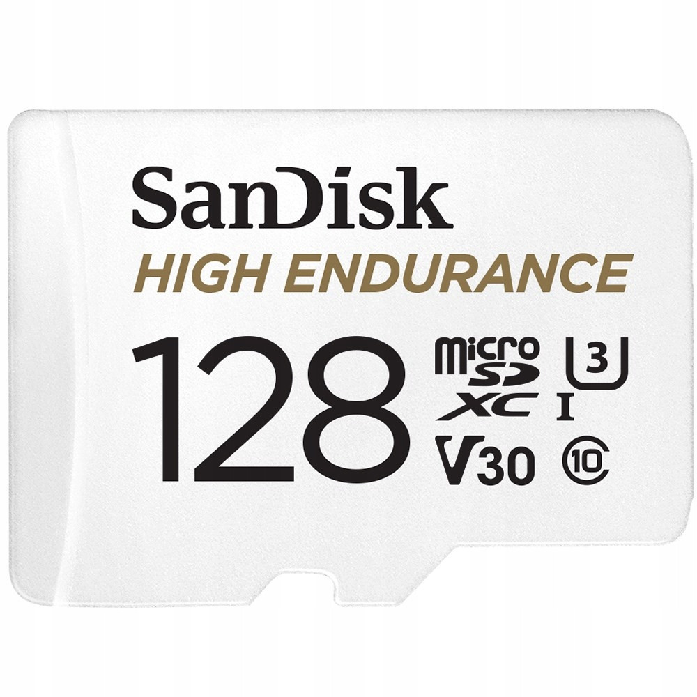 Biała karta microSD SanDisk High Endurance 128GB. Zawiera symbole Micro, U3, XC I i V30.