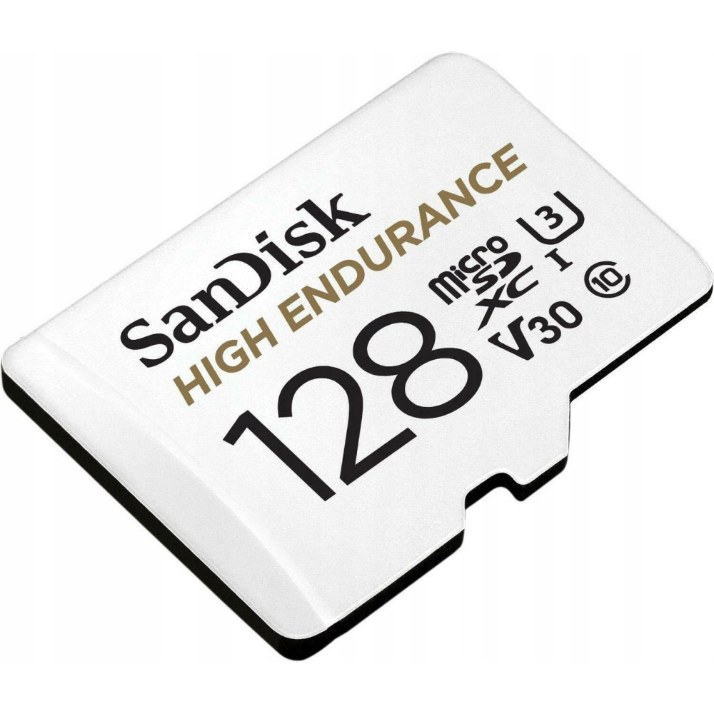 Biała karta microSD Sandisk 128GB. Tekst: 'HIGH ENDURANCE', 'microSDXC I' i 'V30'.