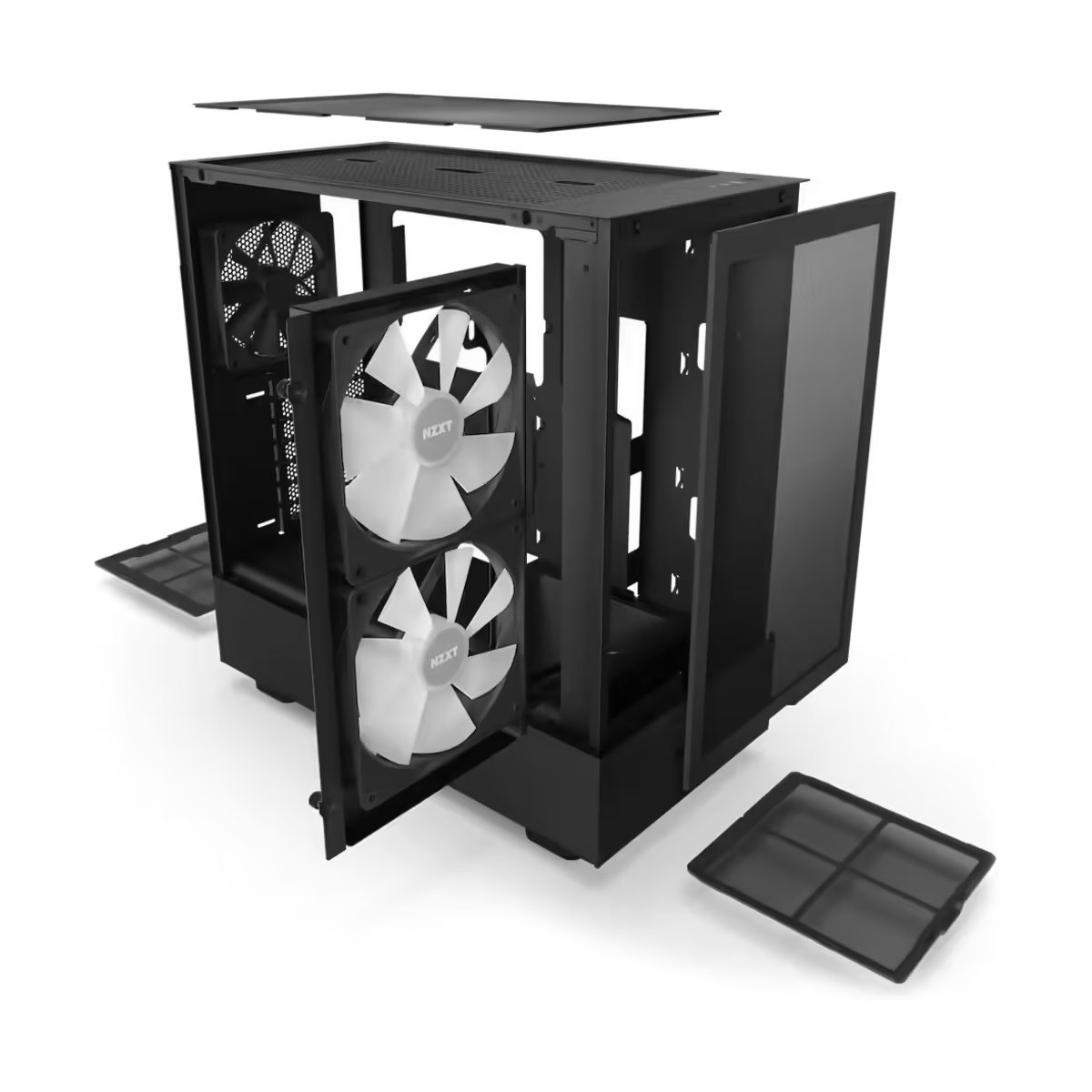 Zerlegtes schwarzes Computergehäuse. Weiße Lüfter sind sichtbar. Eine Glasscheibe ist geöffnet. Ober-, Seiten- und Bodenplatten sind separat.