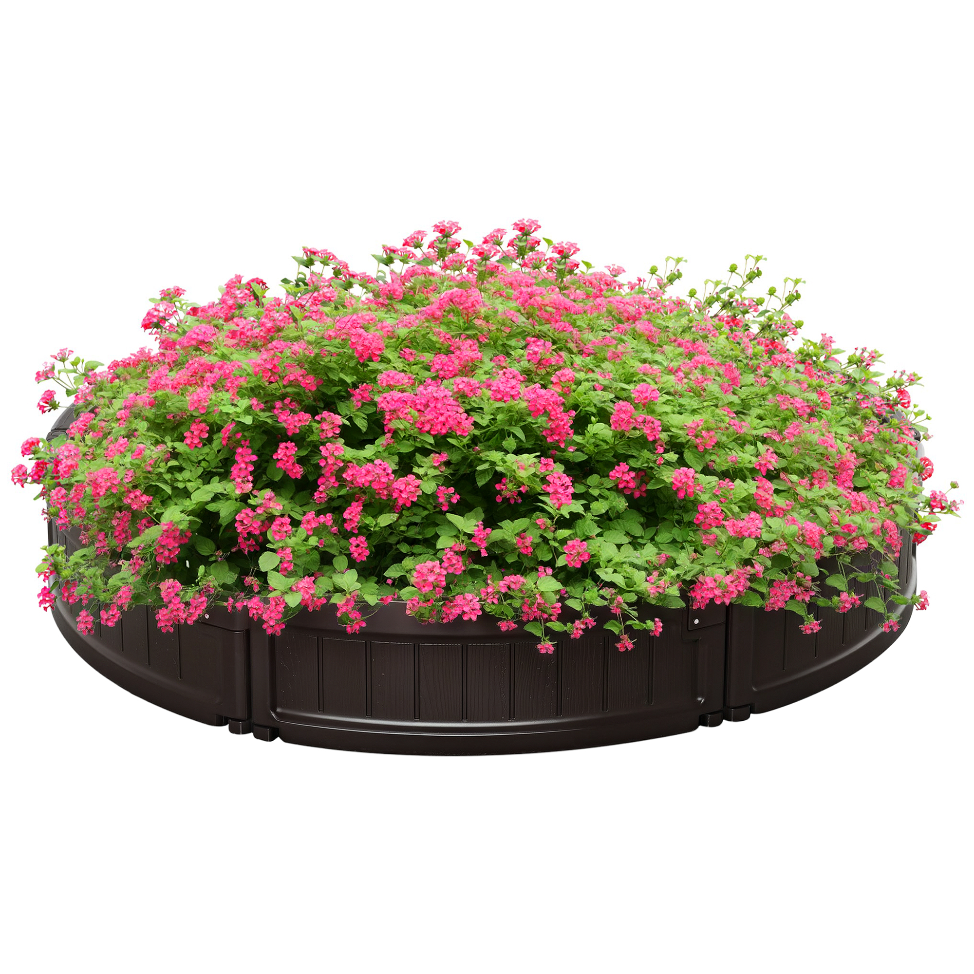 Una fioriera ovale marrone scuro piena di vibranti fiori rosa e fogliame verde, su sfondo bianco.