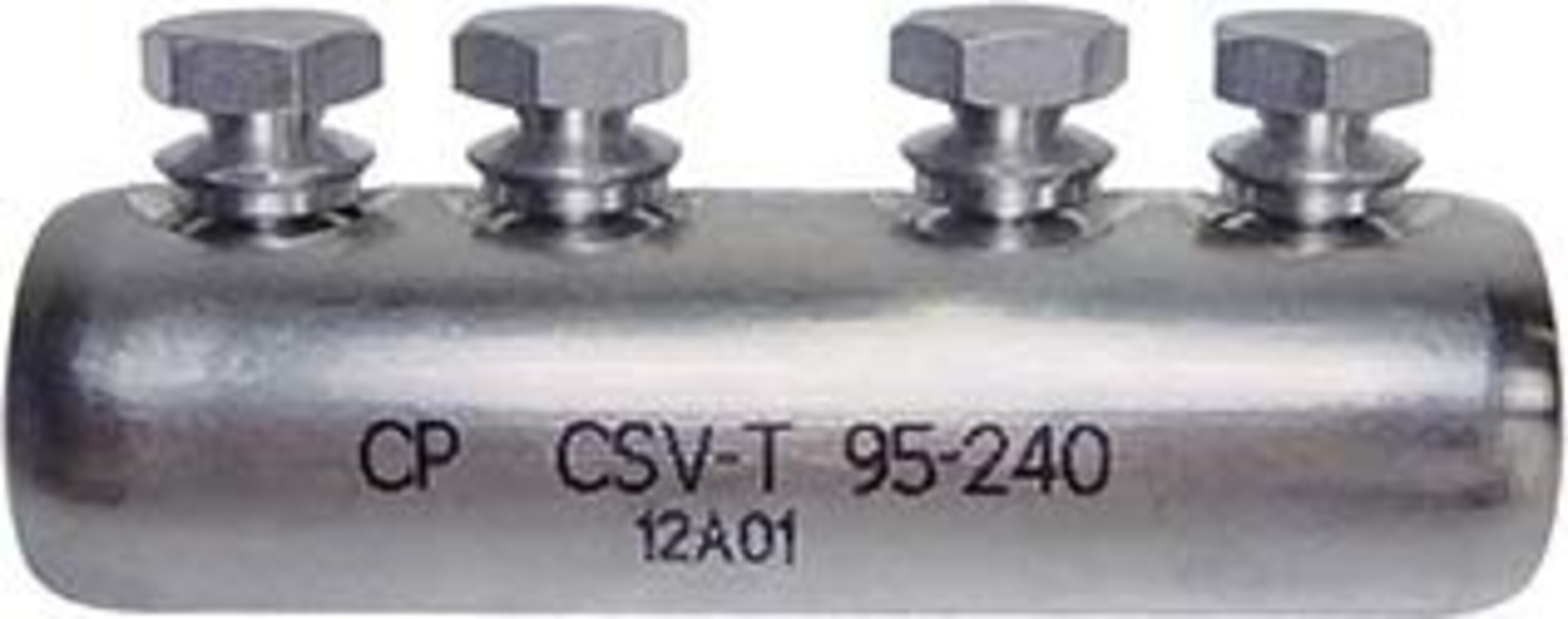 Un connettore cilindrico metallico con quattro bulloni a testa esagonale sulla parte superiore. Il testo laterale recita: CP CSV-T 95-240 12A01.