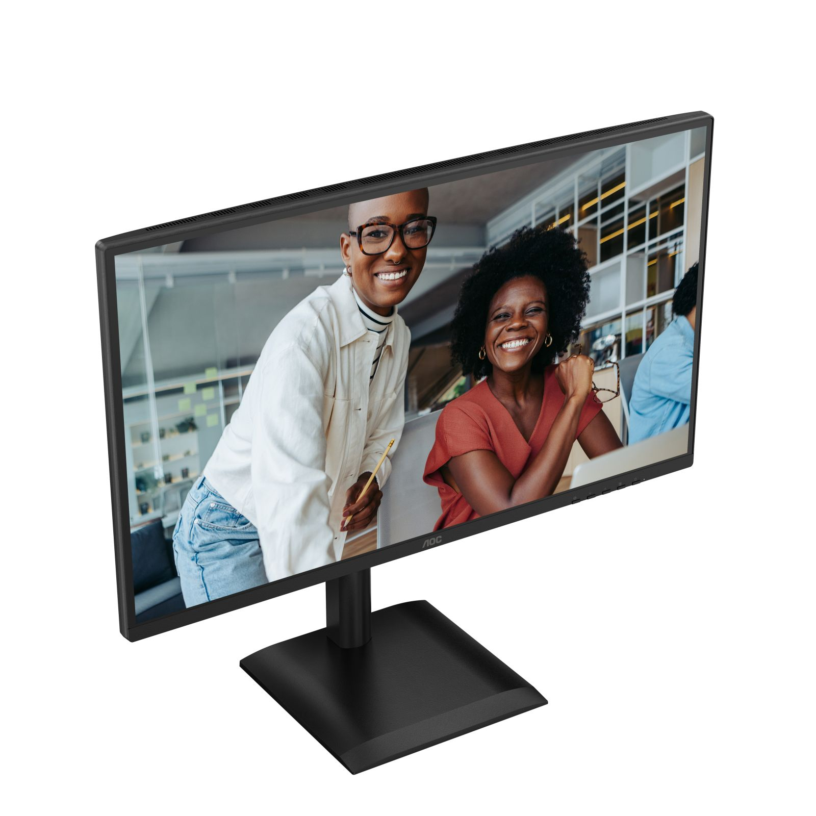Monitor met twee lachende vrouwen, een met een potlood. De monitor is zwart, met een zwarte standaard, tegen een witte achtergrond.