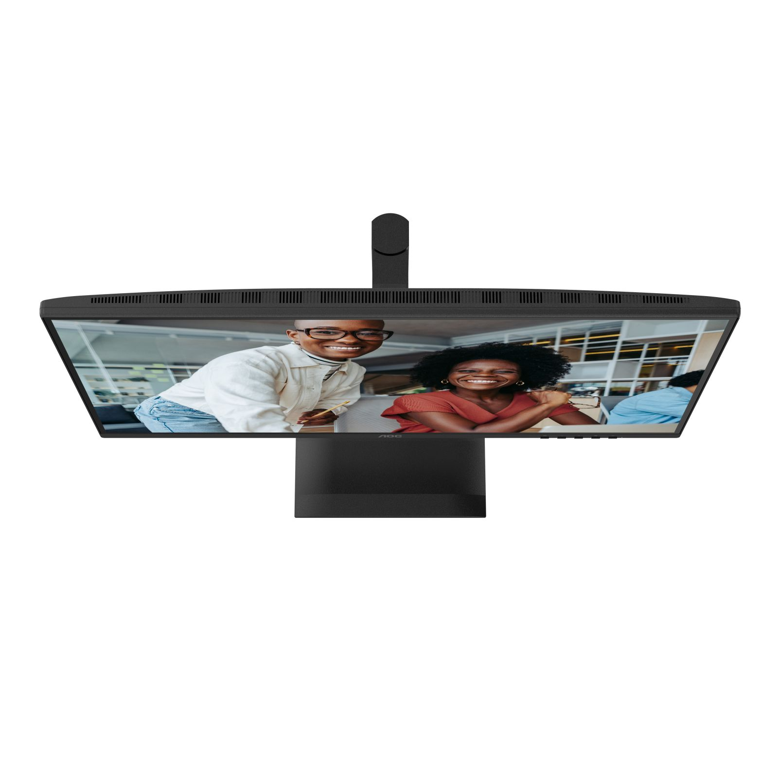 Een computermonitor toont twee lachende vrouwen. De monitor is zwart en op een standaard gemonteerd. Witte achtergrond.
