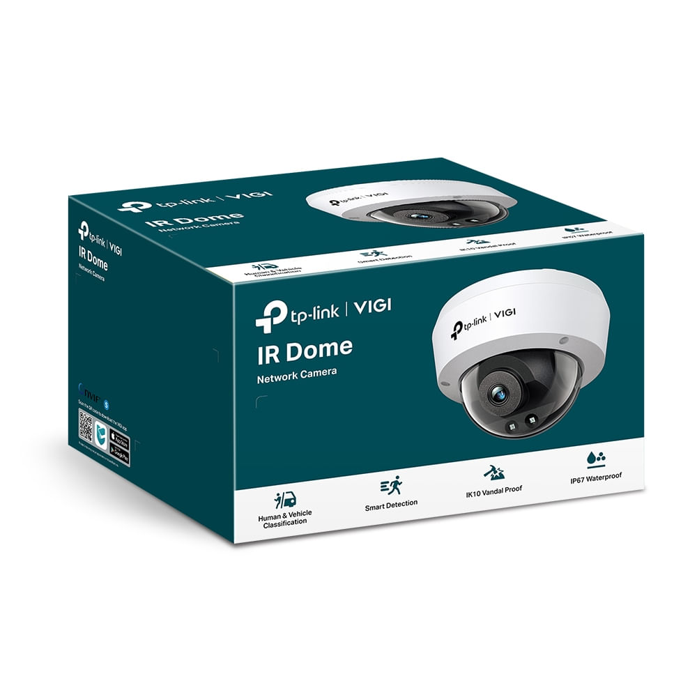 Una caja con una cámara de red tp-link VIGI IR Dome. La caja es de color verde azulado con texto blanco e imágenes de la cámara.