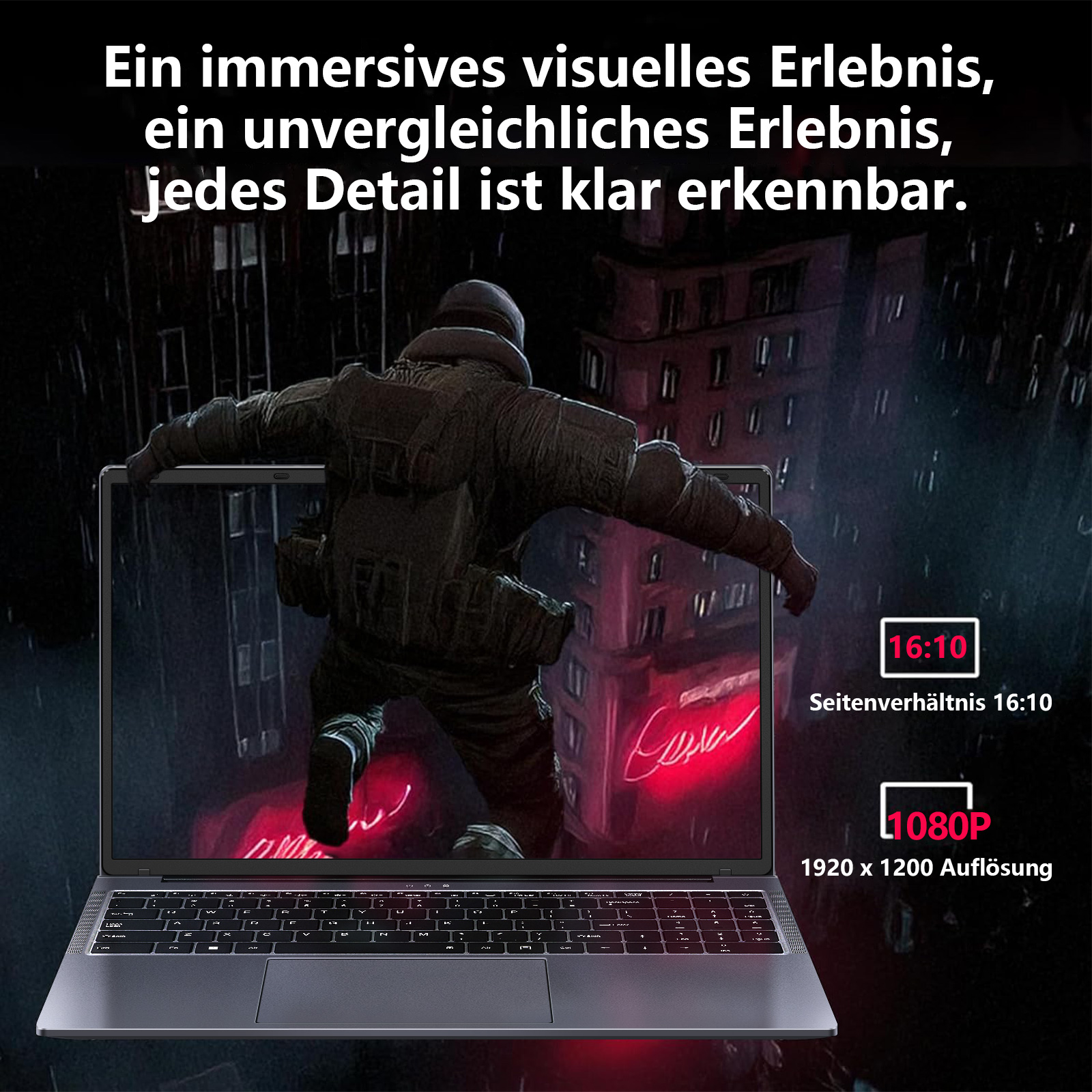 Ein Laptop zeigt eine Szene einer Figur, die durch ein Fenster springt. Der Laptop hat eine Tastatur und einen schwarzen Bildschirm.