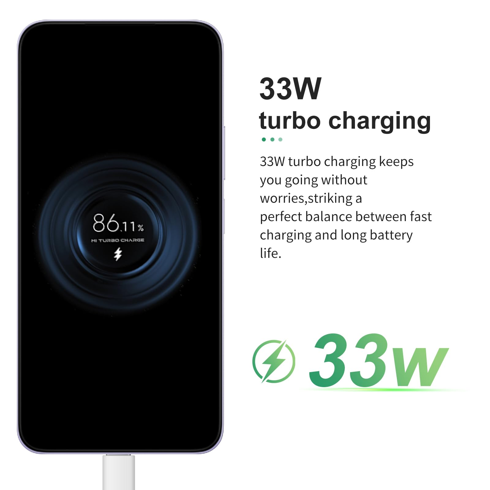 Ein Telefon, das aufgeladen wird, mit 86,11 % Anzeige. Der Text lautet '33W Turbo-Aufladung', mit Beschreibungen.