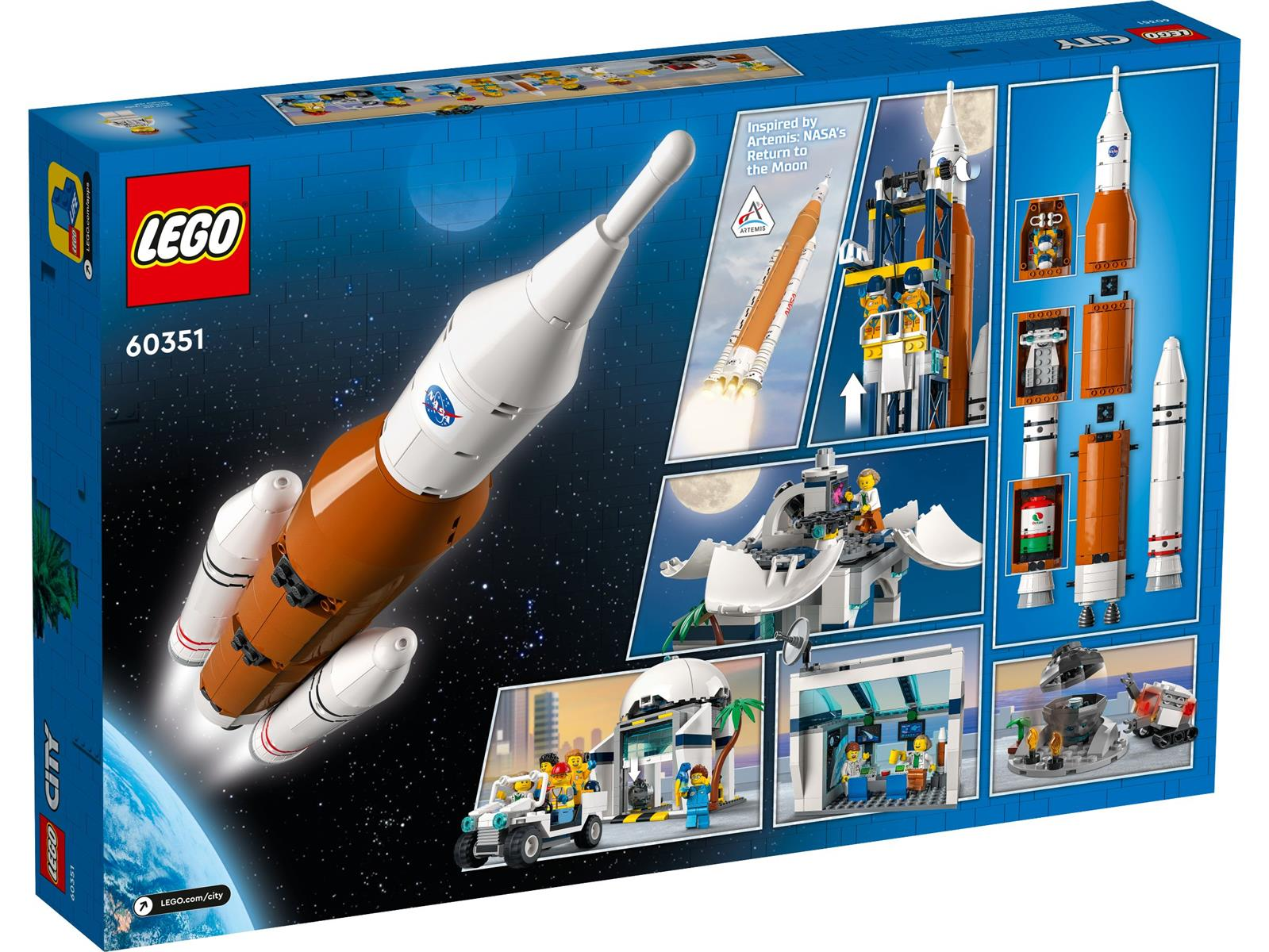 Lego-Box zeigt eine Rakete, eine Startrampe und Szenen einer Raumstation und eines Starts. Der Hintergrund ist ein Sternenhimmel.