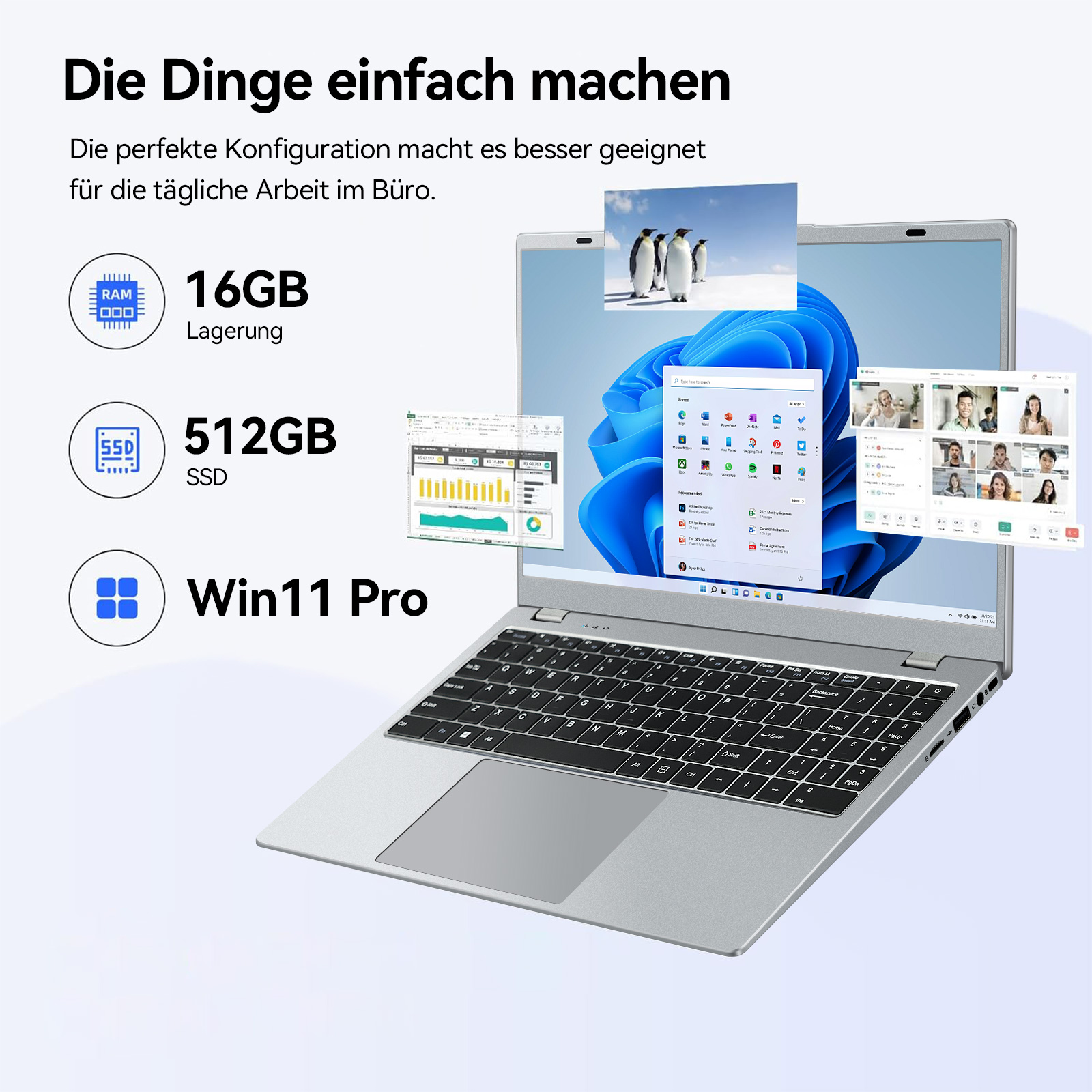 Silberner Laptop mit schwarzer Tastatur, Windows-Oberfläche. Symbole für RAM, SSD und Win11 Pro sind ebenfalls sichtbar.