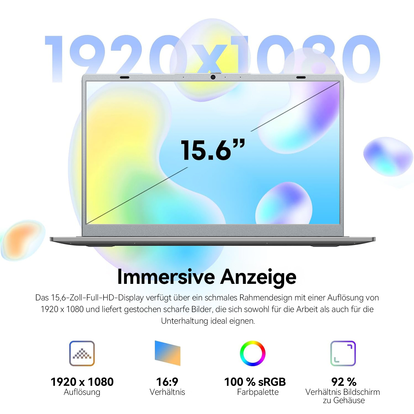 Laptop-Bildschirm mit 15,6-Zoll-Display, 1920x1080 Auflösung und Textbeschreibung.