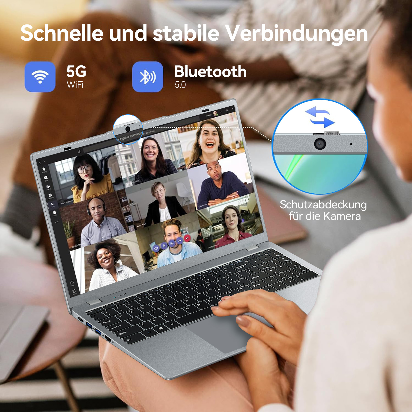 Laptop mit Videoanruf. Symbole für 5G, Wifi und Bluetooth. Die Kamera hat eine Abdeckung.